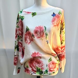 Leonardo Collezioni Lightweight Crochet Knit Boat Neck Rose Pattern Sweater Top
